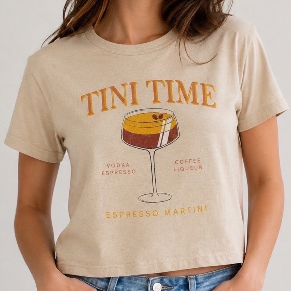 Goodie Two Sleeves Tini Time Espresso Martini Tee Womens M Tan Graphic Tee